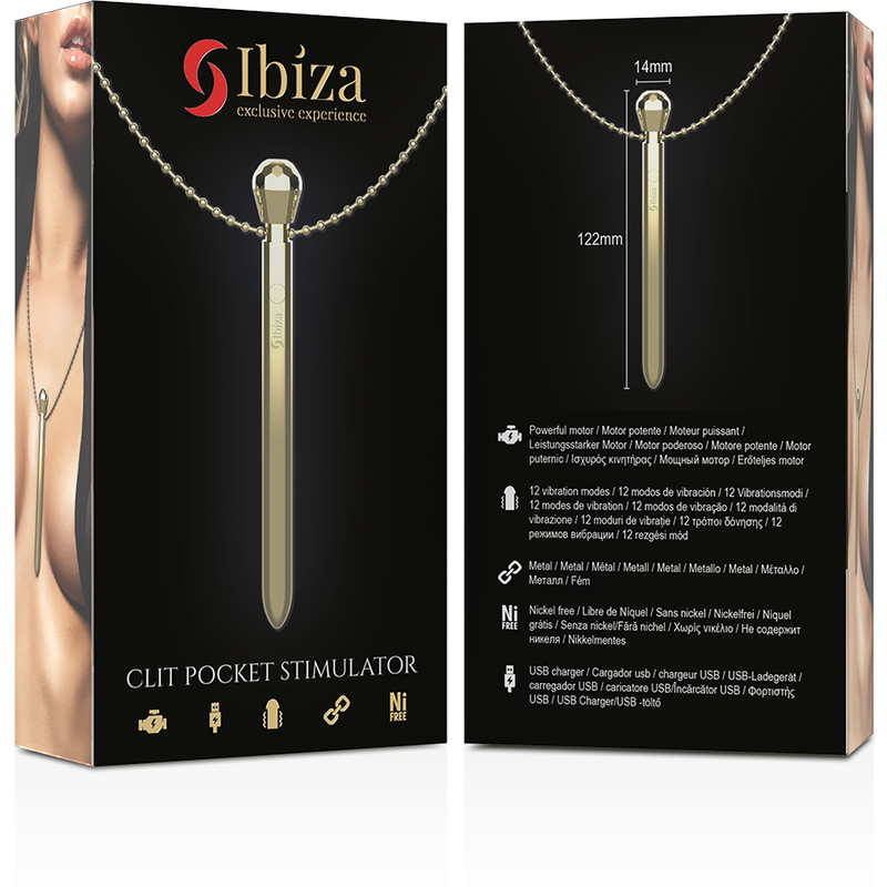 IBIZA - STIMULATEUR DE POCHE CLITO COLLIER CHARGEUR USB 12 MODES DE VIBRATION DORÉ 12,2 X 1,5 - Sensualia