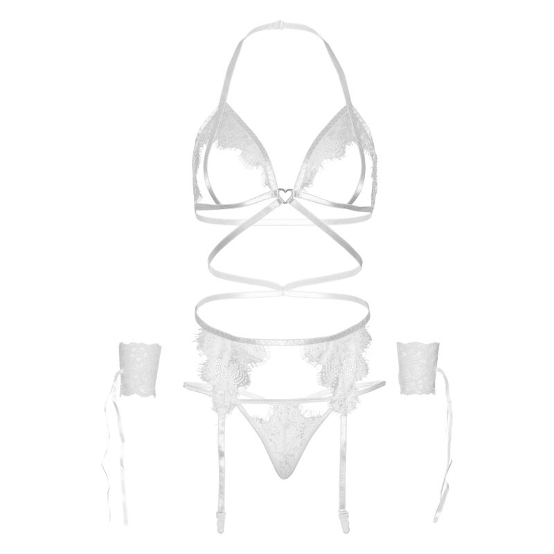 LEG AVENUE SET CUATRO PIEZAS SUJETADOR, LIGUERO, TANGA Y PUÑOS TALLA UNICA - NEGRO - Sensualia