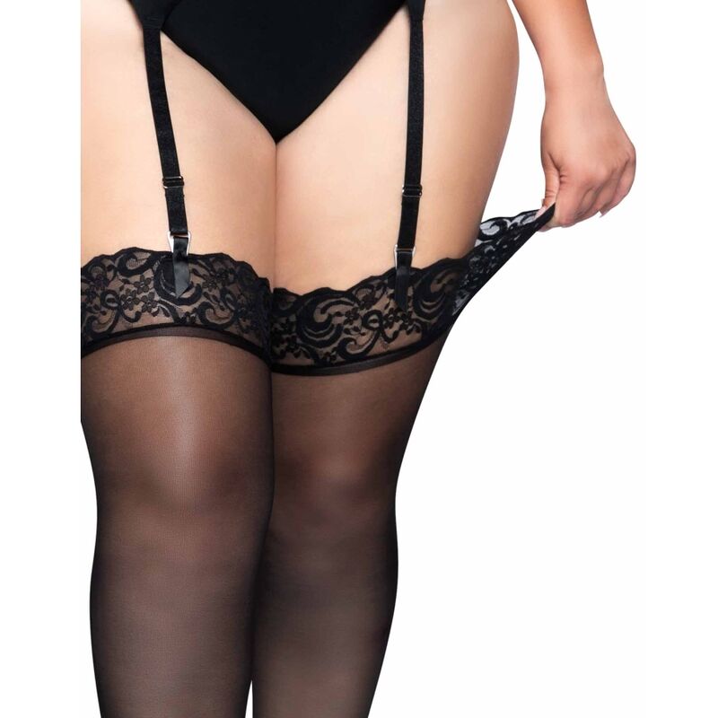LEG AVENUE - OUTLET - BAS EN NYLON NOIR AVEC DENTELLE TOP PLUS - Sensualia