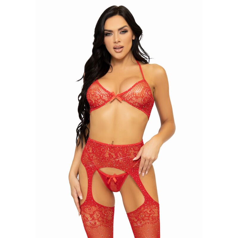 LEG AVENUE - SET TRES PIEZAS SUJETADOR, TANGA Y MEDIAS TALLA UNICA - NEGRO - Sensualia