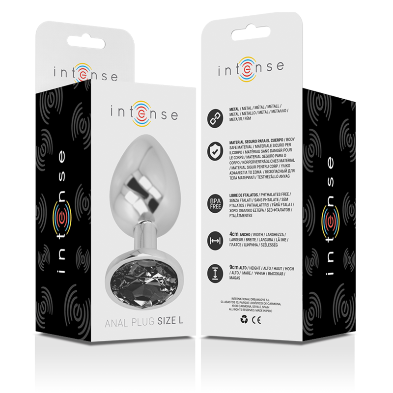 INTENSE - PLUG ANAL EN MÉTAL ALUMINIUM AVEC VERRE NOIR TAILLE L - Sensualia