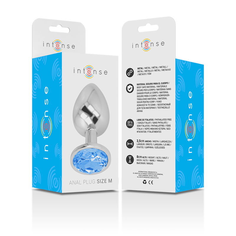INTENSE - PLUG ANAL EN MÉTAL ALUMINIUM AVEC VERRE BLEU TAILLE M - Sensualia