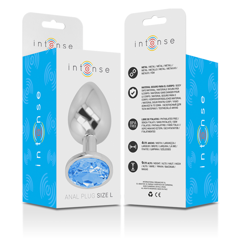 INTENSE - PLUG ANAL EN MÉTAL ALUMINIUM AVEC CRISTAL BLEU TAILLE L - Sensualia