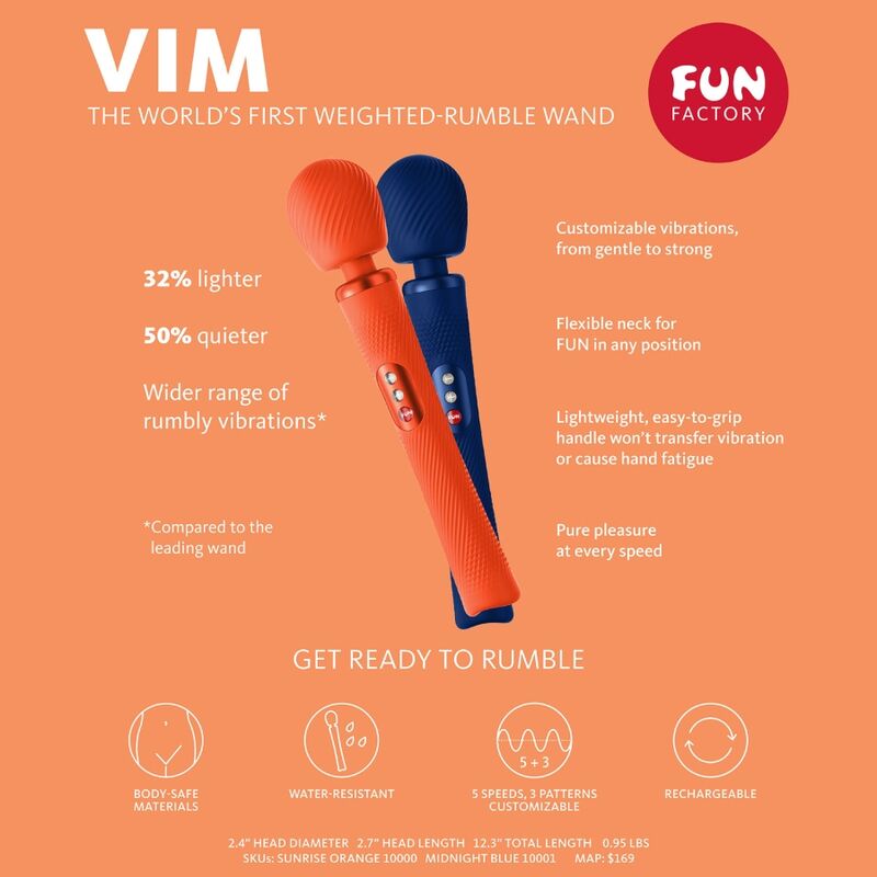 FUN FACTORY - VIM WAND RUMBLE VIBRADOR RECARGABLE SILICONA NARANJA - Sensualia
