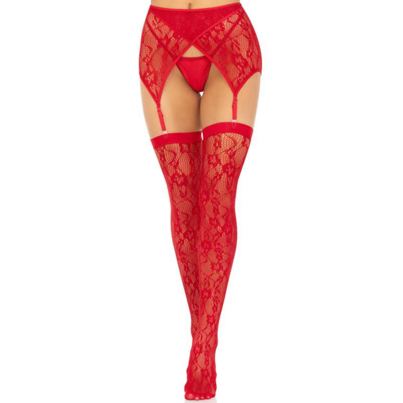 LEG AVENUE - MEDIAS ENCAJE & LIGUERO ROJO - Sensualia