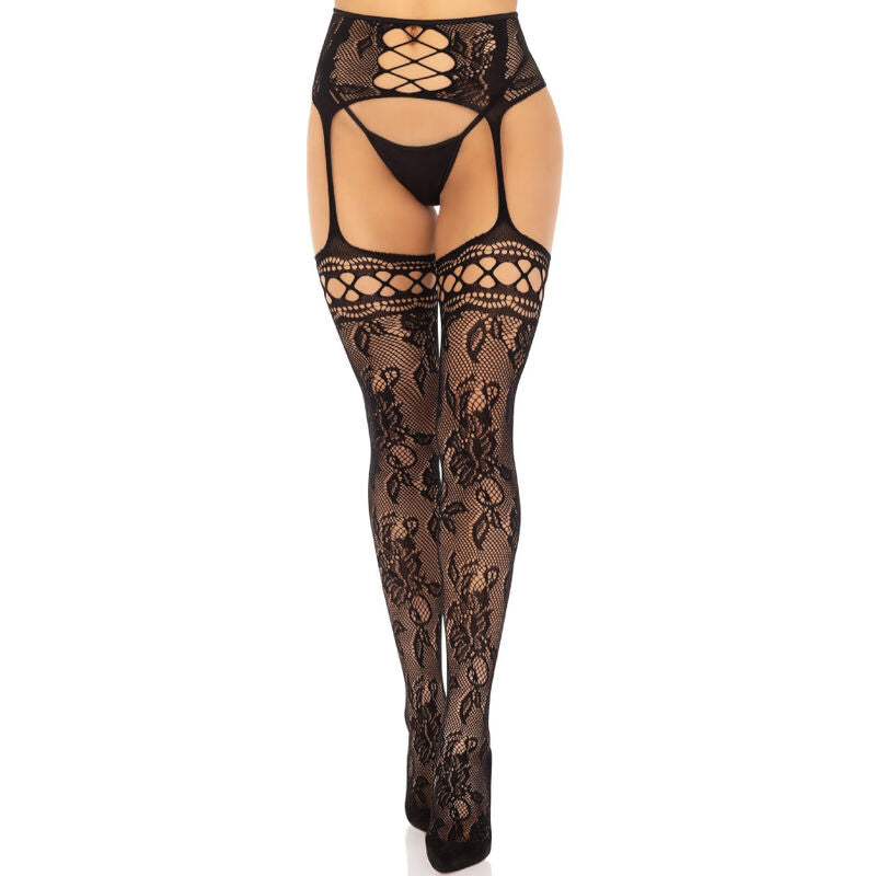 LEG AVENUE - BAS JARRETIÈRE DENTELLE FLORALE NOIR - Sensualia