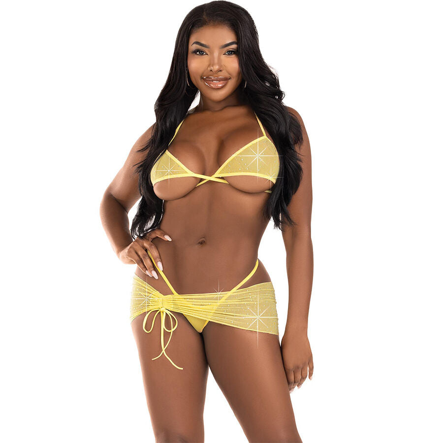 LEG AVENUE - SET TRES PIEZAS DIAMANTES AMARILLO S/M - Sensualia