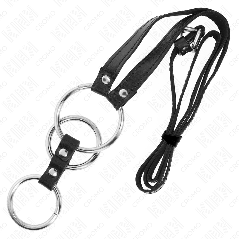 KINK - ANNEAU PÉNIS TRIPLE MÉTAL 3,8 CM À 5 CM AVEC CEINTURE EN CUIR 112 CM - Sensualia