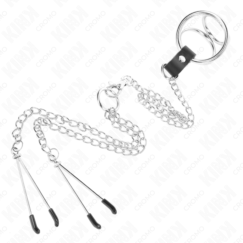 KINK - ANNEAU PÉNIS EN MÉTAL TRIPLE CHROME 3 CM À 4,5 CM AVEC CHAÎNE EN MÉTAL DE 26 CM ET PINCES À TÉTONS - Sensualia