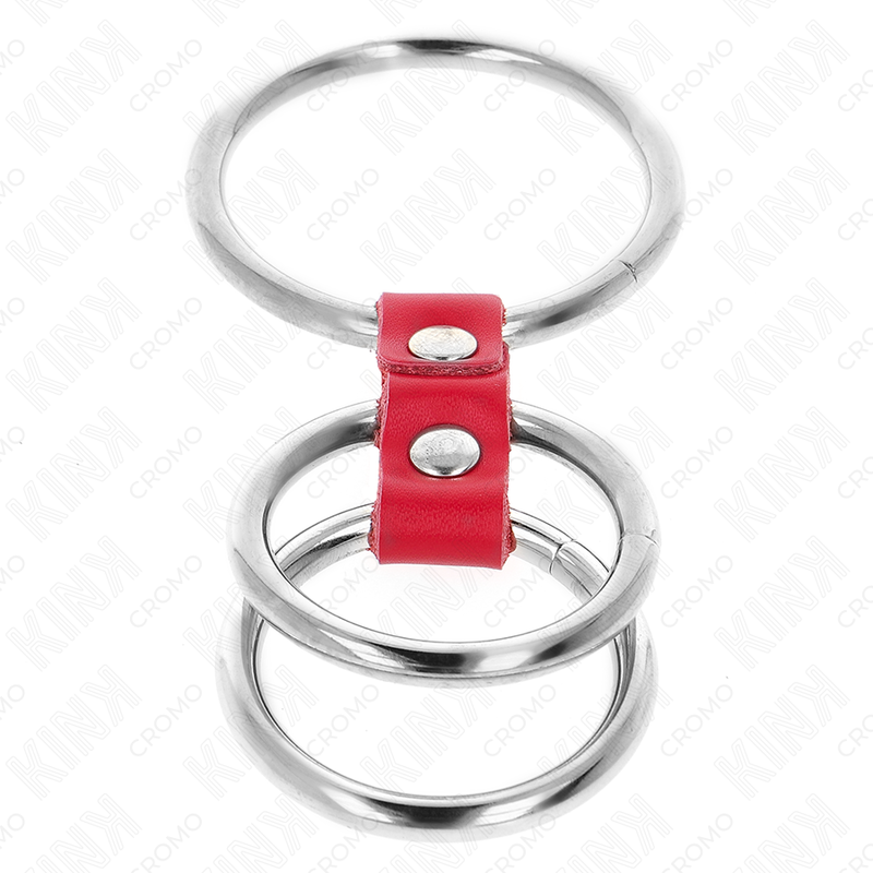 KINK - ANNEAU PÉNIS TRIPLE MÉTAL 3,7 CM À 5 CM CONNECTÉ AVEC DU CUIR ROUGE - Sensualia