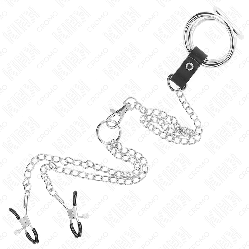 KINK - ANNEAU PÉNIS EN MÉTAL TRIPLE CHROME 3,8 CM À 5 CM AVEC CHAÎNE EN MÉTAL DE 26 CM ET PINCES À TÉTONS MODÈLE 1 - Sensualia