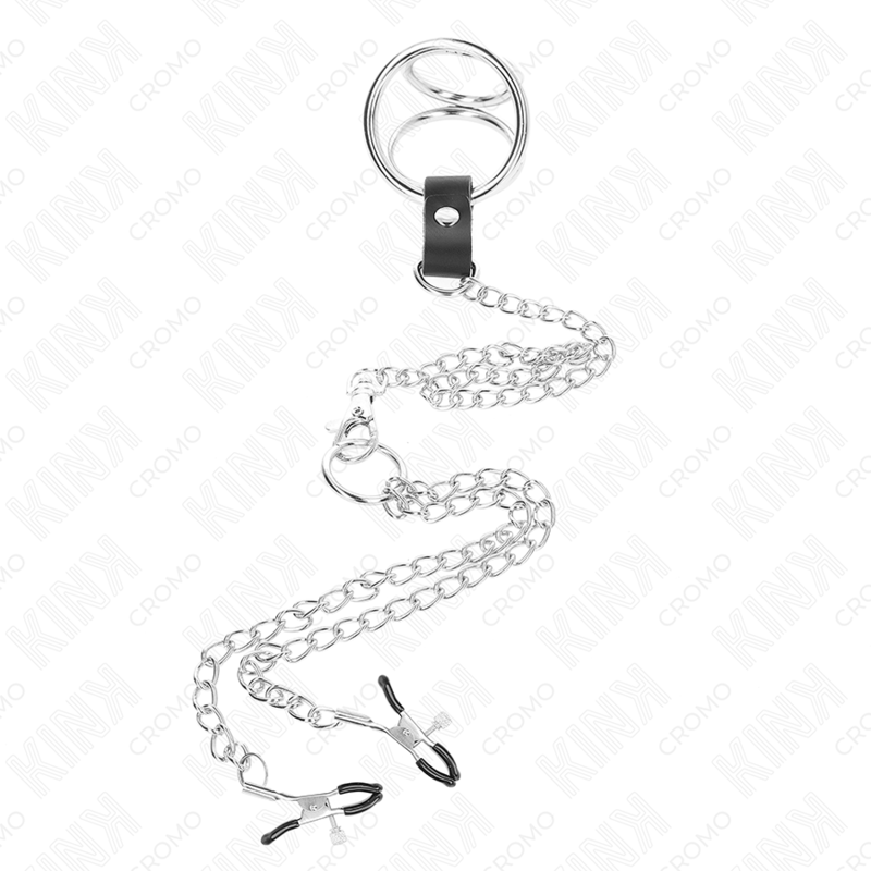 KINK - ANNEAU PÉNIS EN MÉTAL TRIPLE CHROME 3 CM À 4,5 CM AVEC CHAÎNE EN MÉTAL DE 26 CM ET PINCES À TÉTONS - Sensualia