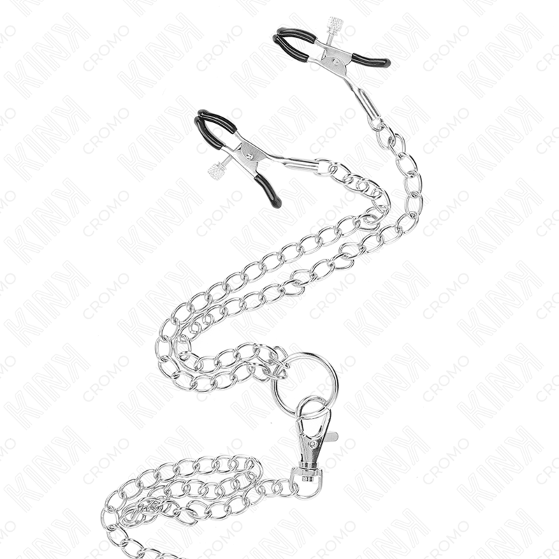 KINK - ANNEAU PÉNIS EN MÉTAL TRIPLE CHROME 3 CM À 4,5 CM AVEC CHAÎNE EN MÉTAL DE 26 CM ET PINCES À TÉTONS - Sensualia