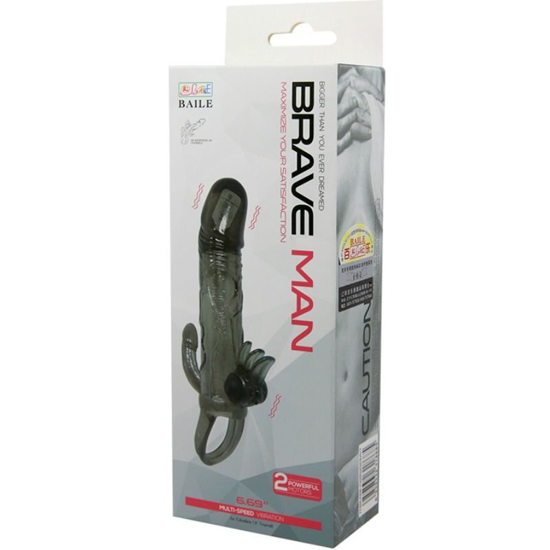BAILE - COUVRE-PÉNIS BRAVE MAN AVEC STIMULATION CLITO ET ANAL DOUBLE BULLET NOIR 16.5 CM - Sensualia