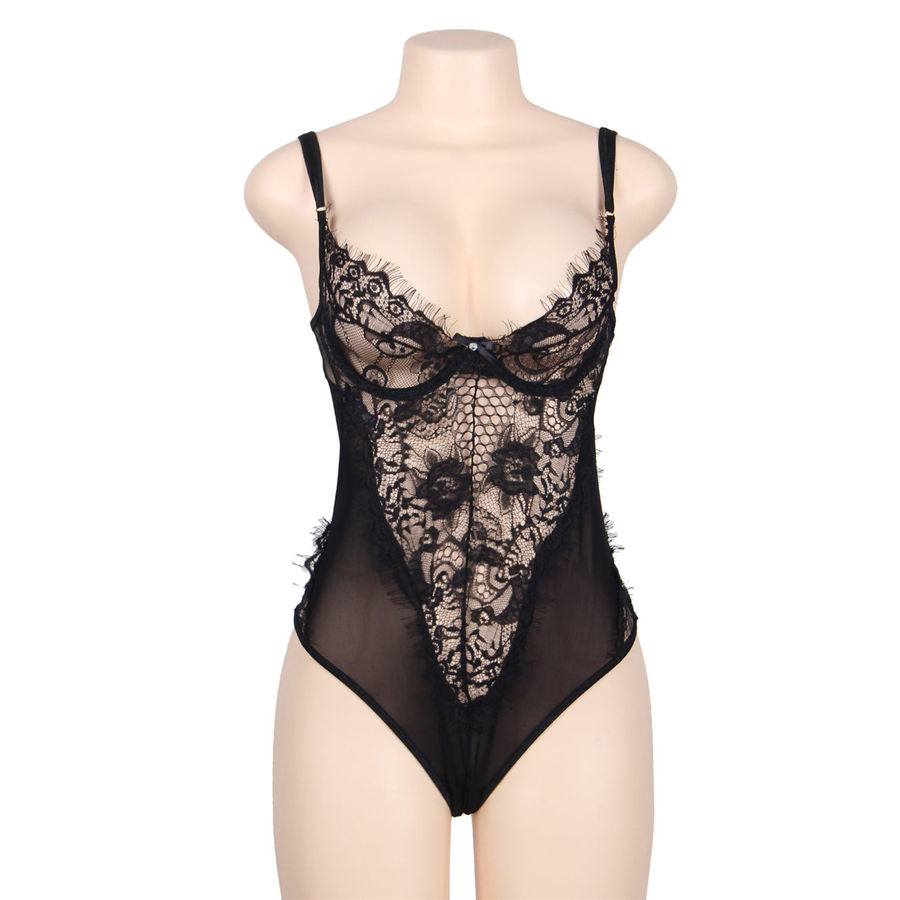 SUBBLIME - QUEEN PLUS DENTELLE FLORALE ET TEDDY NOIR FRANGES - Sensualia