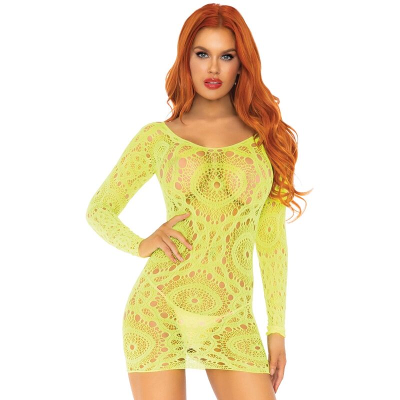 LEG AVENUE - MINI ROBE EN DENTELLE CROCHET MANCHES LONGUES NÉON TAILLE UNIQUE - Sensualia