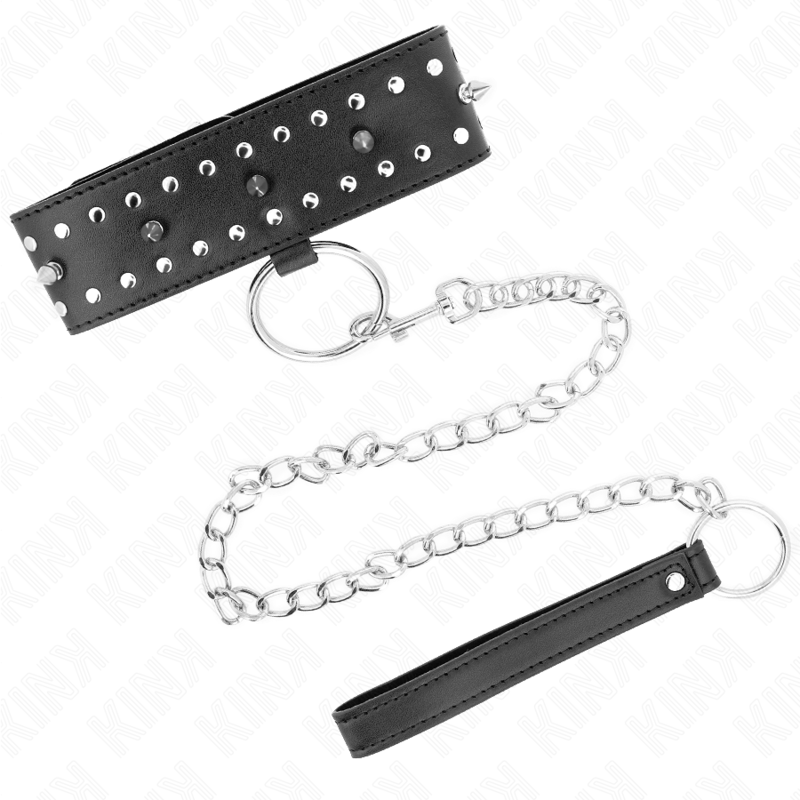 KINK - COLLIER AVEC LAISSE 65 CM AVEC CLOUS ARGENTÉS MODÈLE 1 AJUSTABLE 36-43 CM X 5 CM - Sensualia