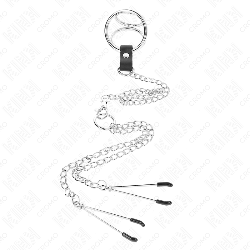 KINK - ANNEAU PÉNIS EN MÉTAL TRIPLE CHROME 3,8 CM À 5 CM AVEC CHAÎNE EN MÉTAL DE 26 CM ET PINCES À TÉTONS MODÈLE 2 - Sensualia