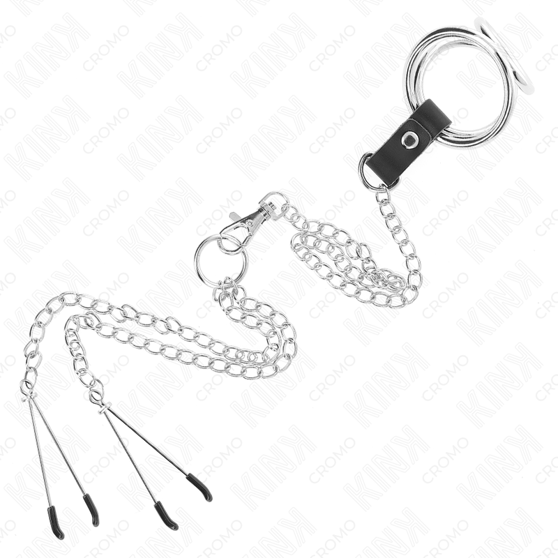 KINK - ANNEAU PÉNIS EN MÉTAL TRIPLE CHROME 3,8 CM À 5 CM AVEC CHAÎNE EN MÉTAL DE 26 CM ET PINCES À TÉTONS MODÈLE 2 - Sensualia
