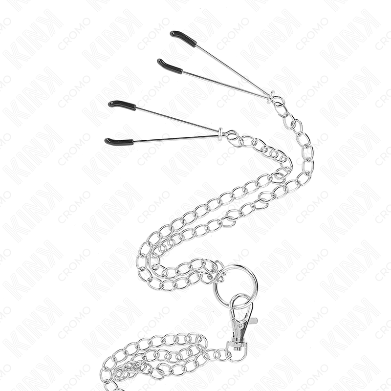 KINK - ANNEAU PÉNIS EN MÉTAL TRIPLE CHROME 3,8 CM À 5 CM AVEC CHAÎNE EN MÉTAL DE 26 CM ET PINCES À TÉTONS MODÈLE 2 - Sensualia