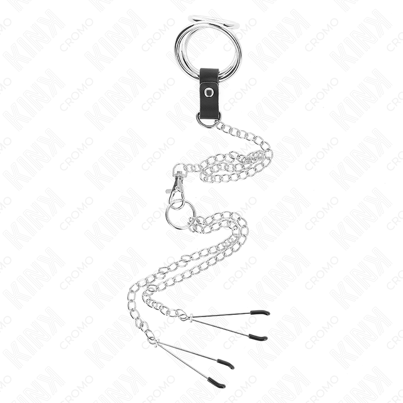 KINK - ANNEAU PÉNIS EN MÉTAL TRIPLE CHROME 3 CM À 4,5 CM AVEC CHAÎNE EN MÉTAL DE 26 CM ET PINCES À TÉTONS - Sensualia