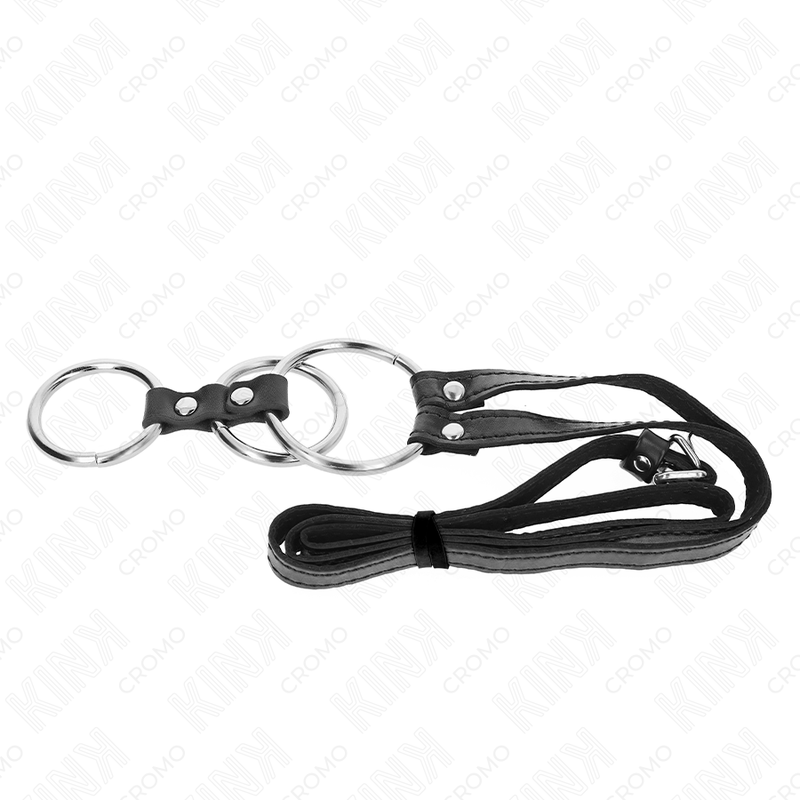 KINK - ANNEAU PÉNIS TRIPLE MÉTAL 3,8 CM À 5 CM AVEC CEINTURE EN CUIR 112 CM - Sensualia