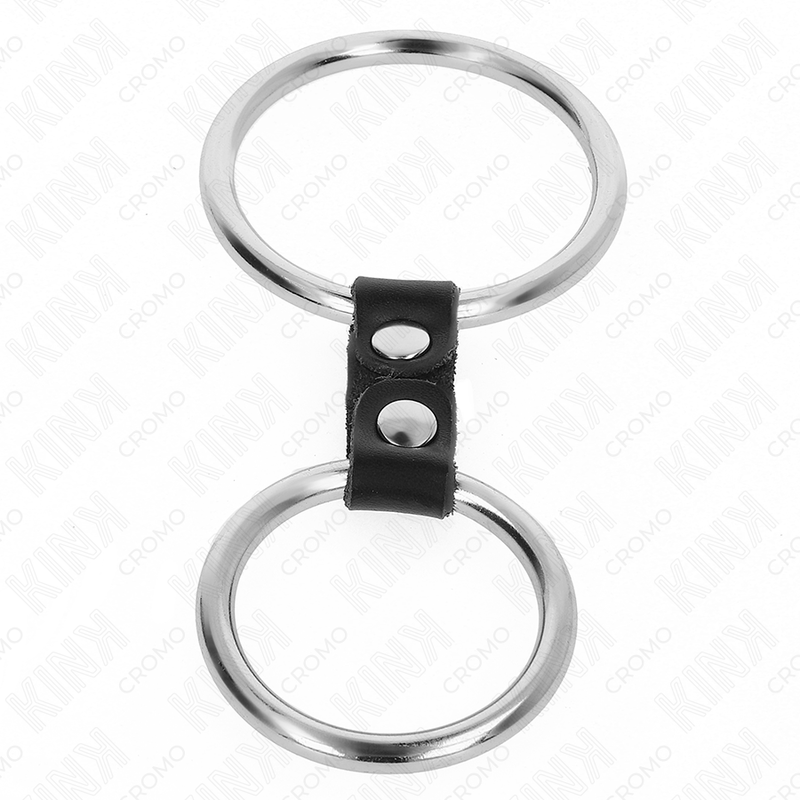 KINK - DOUBLE ANNEAU PÉNIS EN MÉTAL DE 3,7 CM À 5 CM RELIE PAR SANGLE EN CUIR MODÈLE 2 - Sensualia