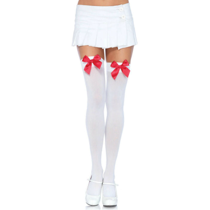 LEG AVENUE - CUISSES HAUTES EN NYLON AVEC NOEUD BLANC / ROUGE - Sensualia