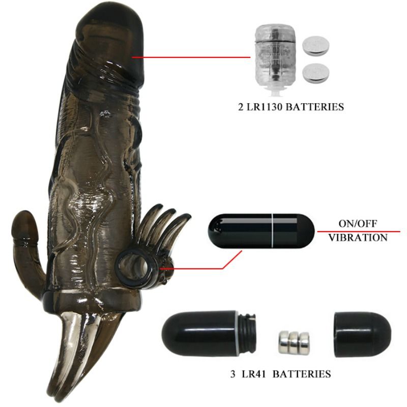 BAILE - COUVRE-PÉNIS BRAVE MAN AVEC STIMULATION CLITO ET ANAL DOUBLE BULLET NOIR 16.5 CM - Sensualia