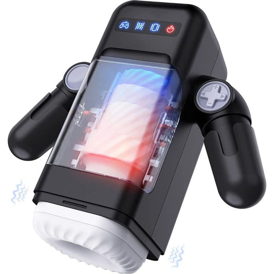 GAME CUP - MASTURBATEUR À VIBRATION DE POUSSÉE AVEC FONCTION CHAUFFANTE ET SUPPORT MOBILE - NOIR - Sensualia