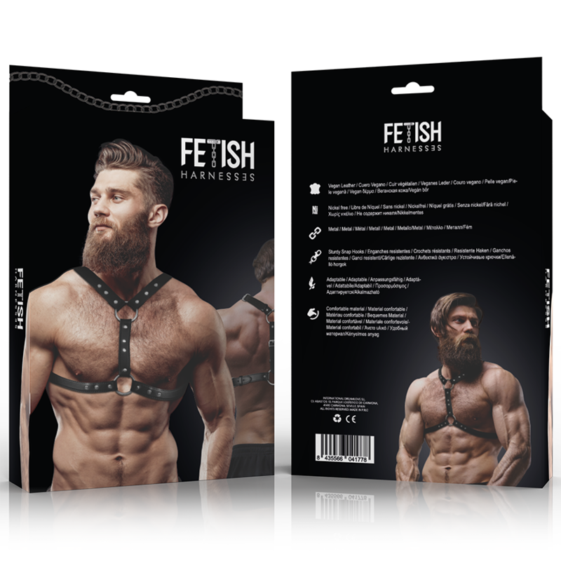 FETISH SUBMISSIVE ATTITUDE - HARNAIS POITRINE EN CUIR ÉCOLOGIQUE AVEC DOUBLE SUPPORT ET CLOUS POUR HOMMES - Sensualia
