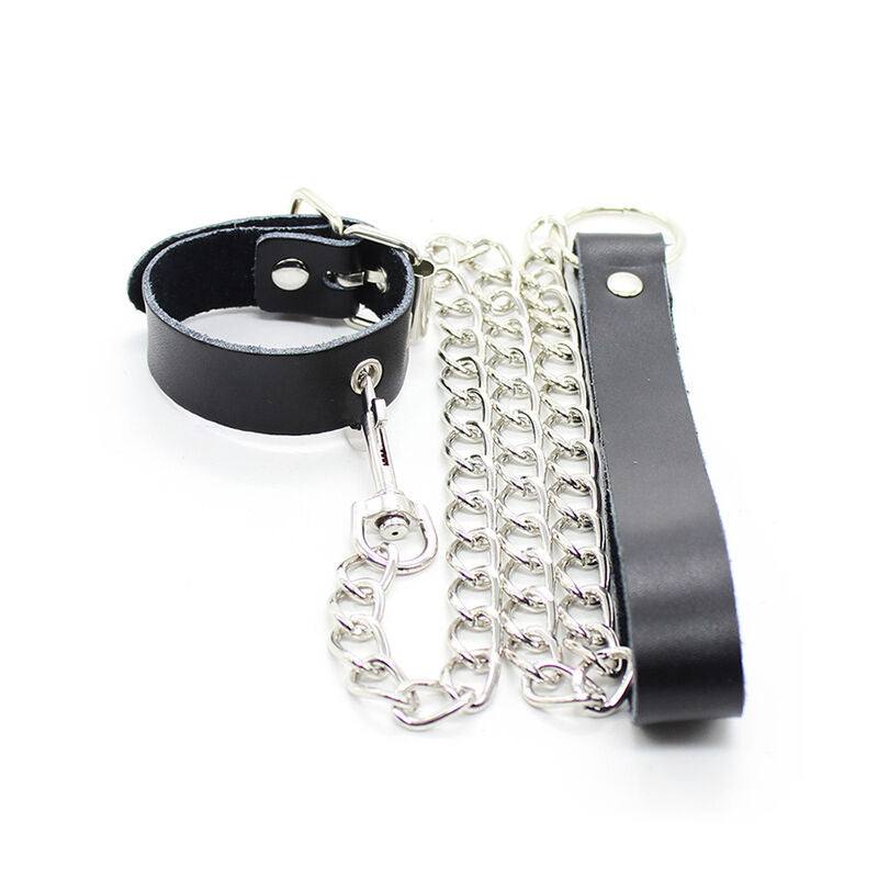 OHMAMA FETISH - COLLIER PÉNIS ET BRACELET EN CUIR AVEC CHAÎNE MÉTALLIQUE - Sensualia