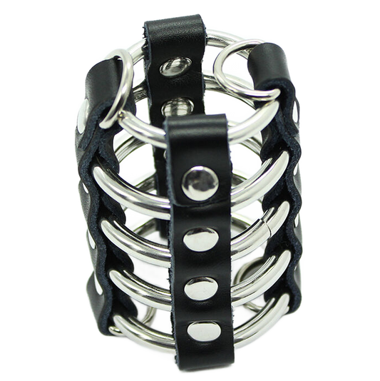 OHMAMA FETISH - CAGE  PÉNIS AVEC ANNEAUX MÉTALLIQUES ET SANGLE EN CUIR OHMAMA FETISH