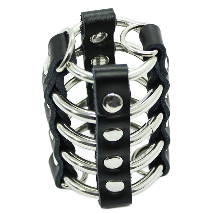OHMAMA FETISH - CAGE  PÉNIS AVEC ANNEAUX MÉTALLIQUES ET SANGLE EN CUIR - Sensualia