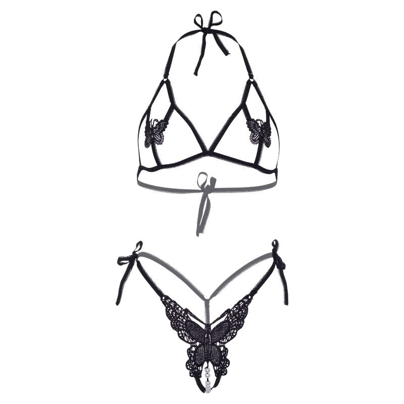 LEG AVENUE - SET DOS PIEZAS SUJETADOR Y TANGA DE MARIPOSAS Y PERLAS TALLA UNICA - NEGRO - Sensualia