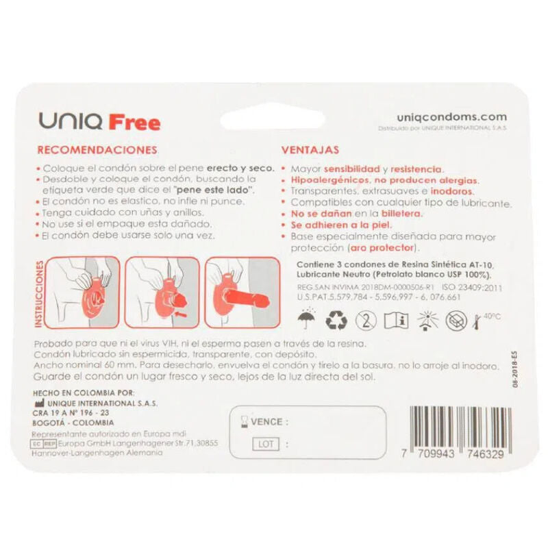 UNIQ - FREE PRÉSERVATIFS SANS LATEX AVEC ANNEAU DE PROTECTION 3 UNITÉS - Sensualia