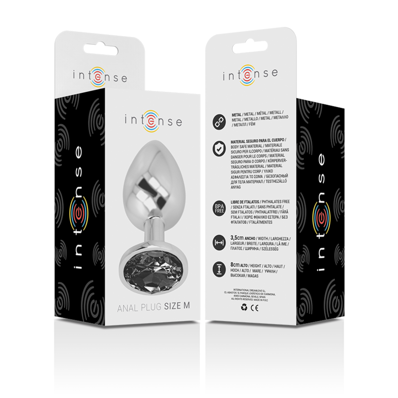 INTENSE - PLUG ANAL EN MÉTAL ALUMINIUM AVEC VERRE NOIR TAILLE M - Sensualia