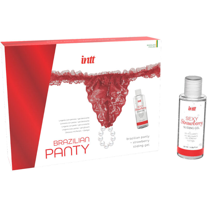 INTT RELEASES - CULOTTE ROUGE BRÉSILIENNE AVEC PERLES ET GEL LUBRIFIANT 50 ML - Sensualia