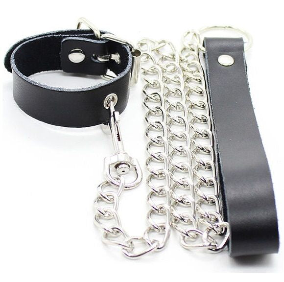 OHMAMA FETISH - COLLIER PÉNIS ET BRACELET EN CUIR AVEC CHAÎNE MÉTALLIQUE - Sensualia