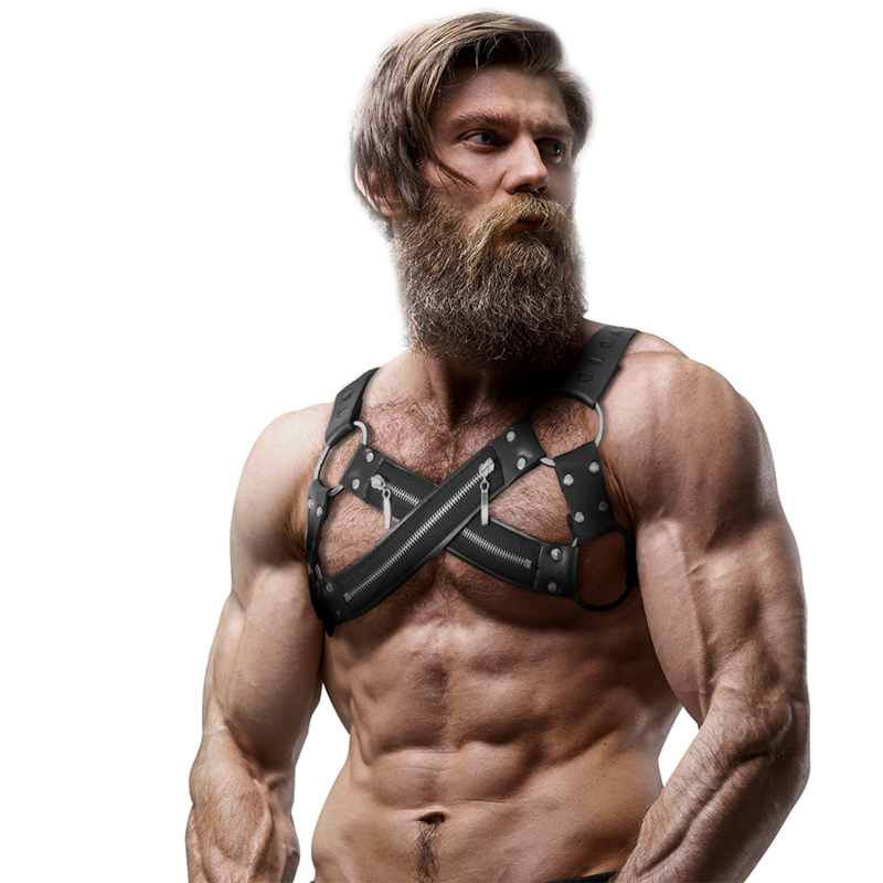 FETISH SUBMISSIVE ATTITUDE - HARNAIS POITRINE CROISÉ EN NÉOPRÈNE AJUSTABLE AVEC FERMETURE ÉCLAIR POUR HOMMES - Sensualia