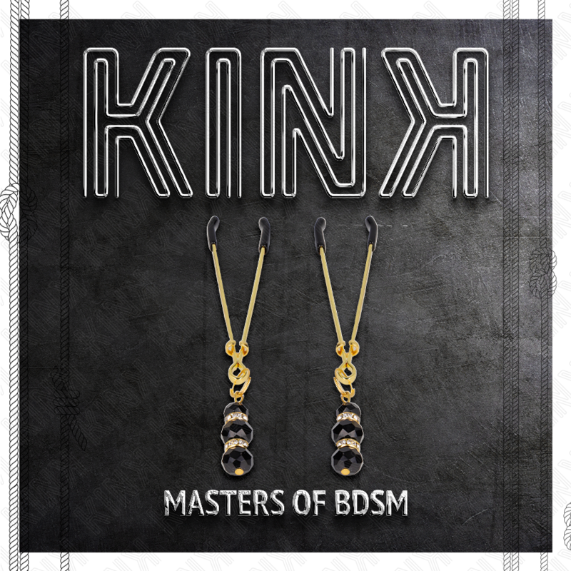 KINK - PINCES À TETON FINES OR AVEC 3 BILLES DE VERRE NOIR 7 CM - Sensualia