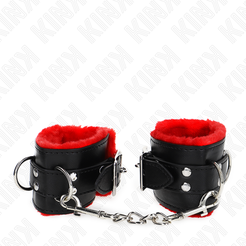 KINK - APPUI-POIGNETS DOUBLÉS DE FOURRURE AVEC TROUS CARRÉS CEINTURE ROUGE ET NOIRE RÉGLABLE 17-29 CM X 6 CM KINK WRIST RESTRAINT