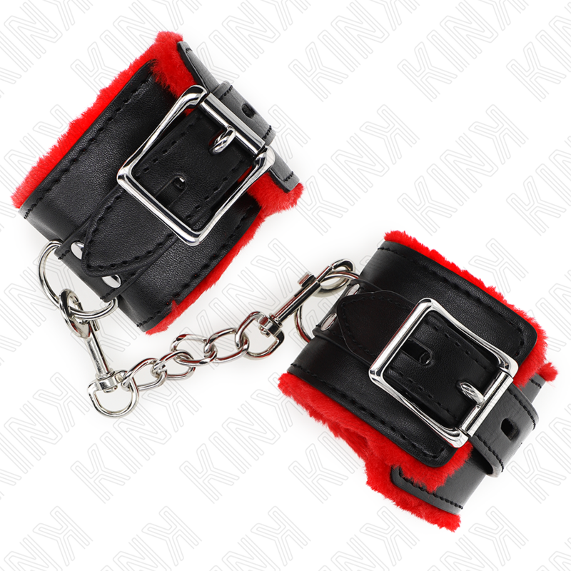 KINK - APPUI-POIGNETS DOUBLÉS DE FOURRURE AVEC TROUS CARRÉS CEINTURE ROUGE ET NOIRE RÉGLABLE 17-29 CM X 6 CM KINK WRIST RESTRAINT