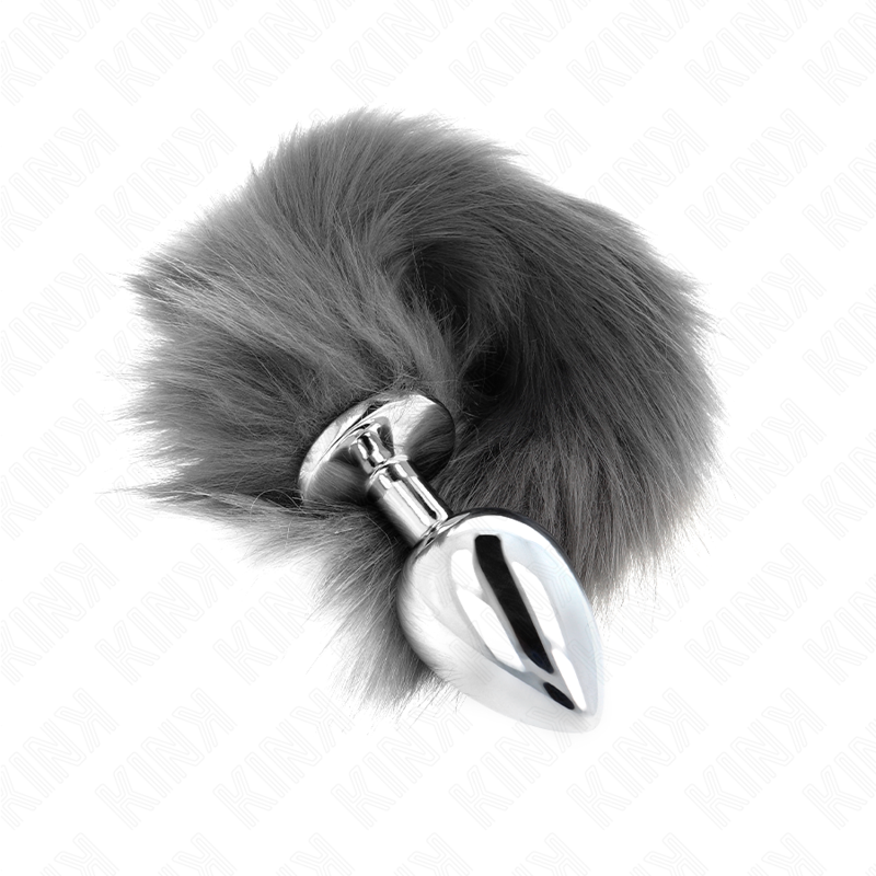 KINK - PLUG ANAL TAILLE L 10 X 4 CM AVEC QUEUE SYNTHÉTIQUE 40 CM GRIS ET BLANC - Sensualia