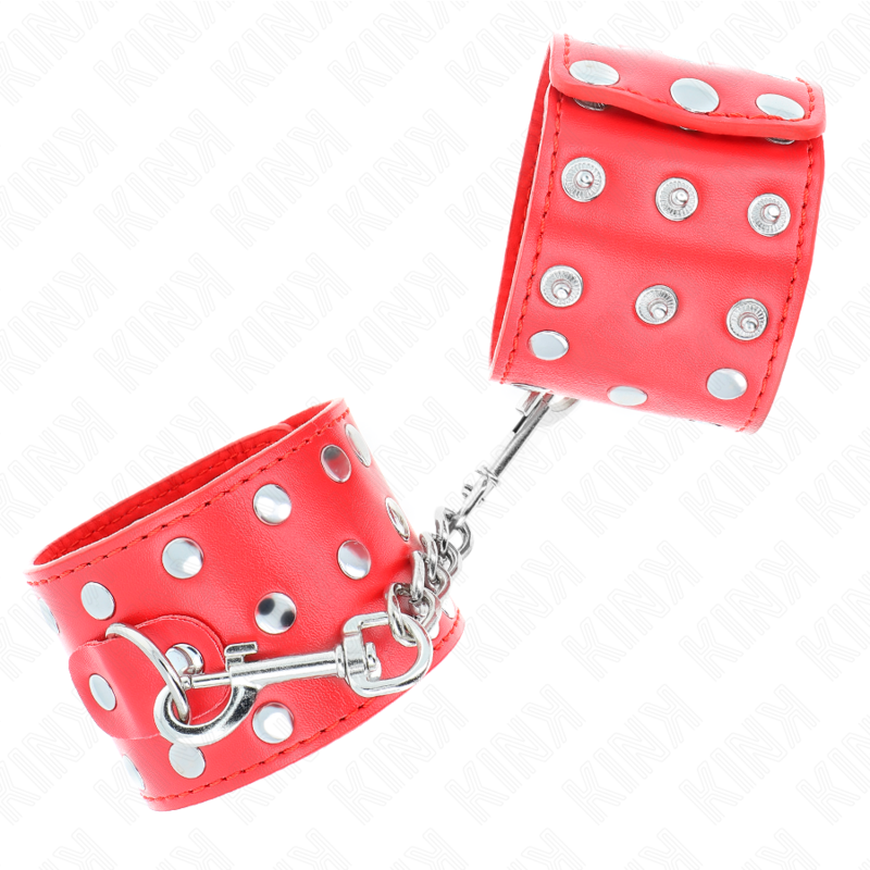 KINK - APPAREILS DE RETENUE POIGNETS AVEC FERMETURE PRESSION PLEINE DE RIVETS ROUGE AJUSTABLE 19-24 CM X 5,5 CM - Sensualia
