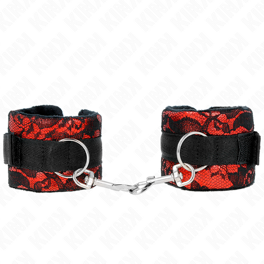 KINK - ATTENTES-POIGNETS COURTES EN DENTELLE DE VELOURS ET RELIURE EN NYLON ROUGE / NOIR 23 X 6,5 CM - Sensualia