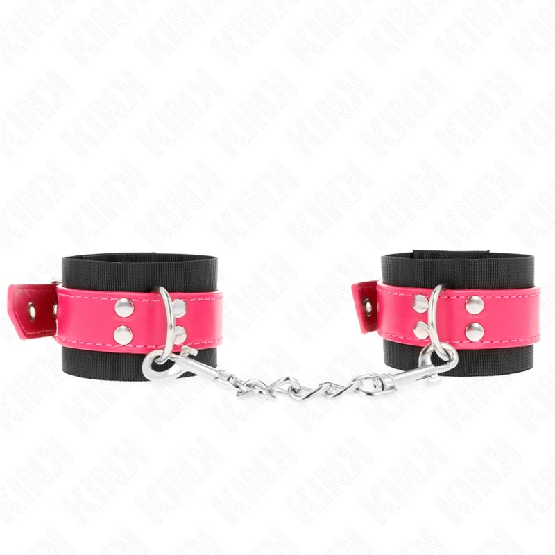 KINK - APPUI-POIGNETS EN NYLON NOIR AVEC CEINTURE EN CUIRETTE ROSE FRAMBOISE AJUSTABLE 19-29 CM X 5,1 CM - Sensualia