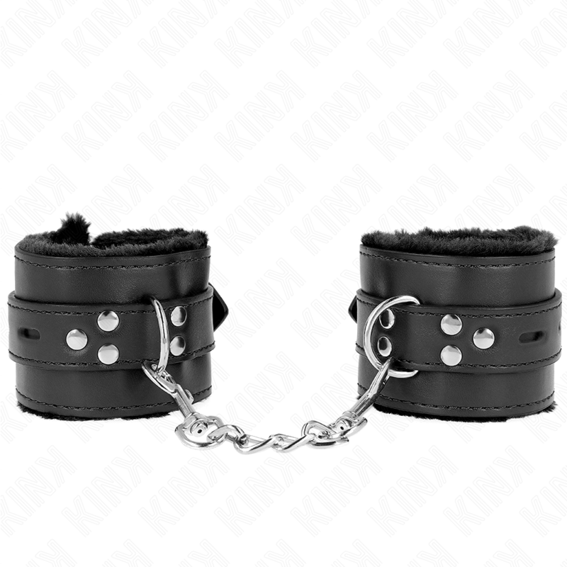 KINK - APPUI-POIGNETS DOUBLÉS DE FOURRURE AVEC TROUS CARRÉS NOIR ET CEINTURE NOIRE RÉGLABLE 17-29 CM X 6 CM - Sensualia