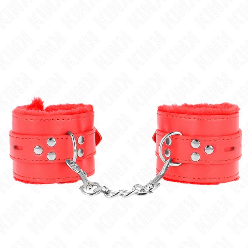 KINK - APPUI-POIGNETS DOUBLÉS DE FOURRURE AVEC TROUS CARRÉS ROUGE ET CEINTURE ROUGE RÉGLABLE 17-29 CM X 6 CM - Sensualia