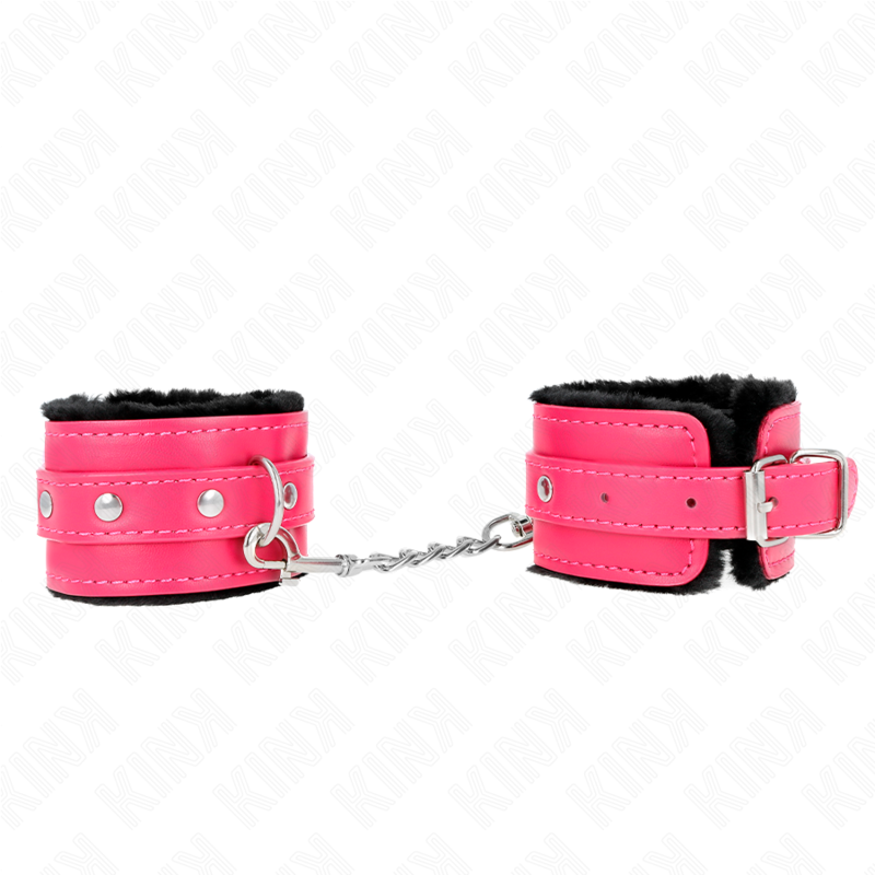 KINK - APPUI-POIGNETS DOUBLÉS DE FOURRURE PREMIUM NOIR AVEC CEINTURE ROSE FRAMBOISE AJUSTABLE 17-29 CM X 6 CM - Sensualia